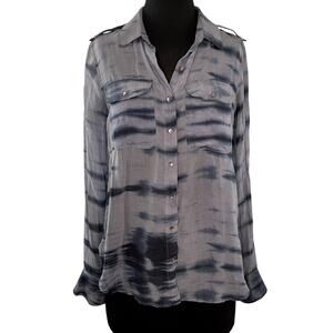 Chelsea Flower Blue Shirt Silk Tie-Dye Collared Curved Hem Button-Up Size Small